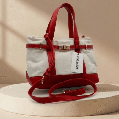 Bolso Canvas Tote lona | Steve Madden | Color Blanca /Rojo | 12 x 10" | Mediano